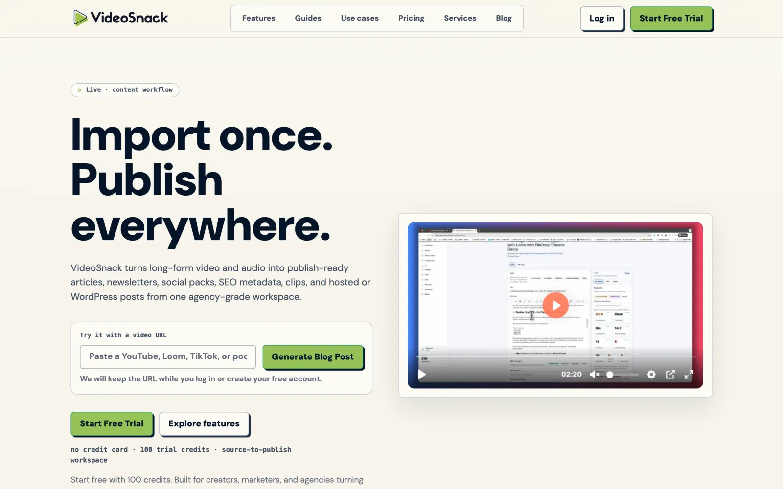 The VideoSnack homepage